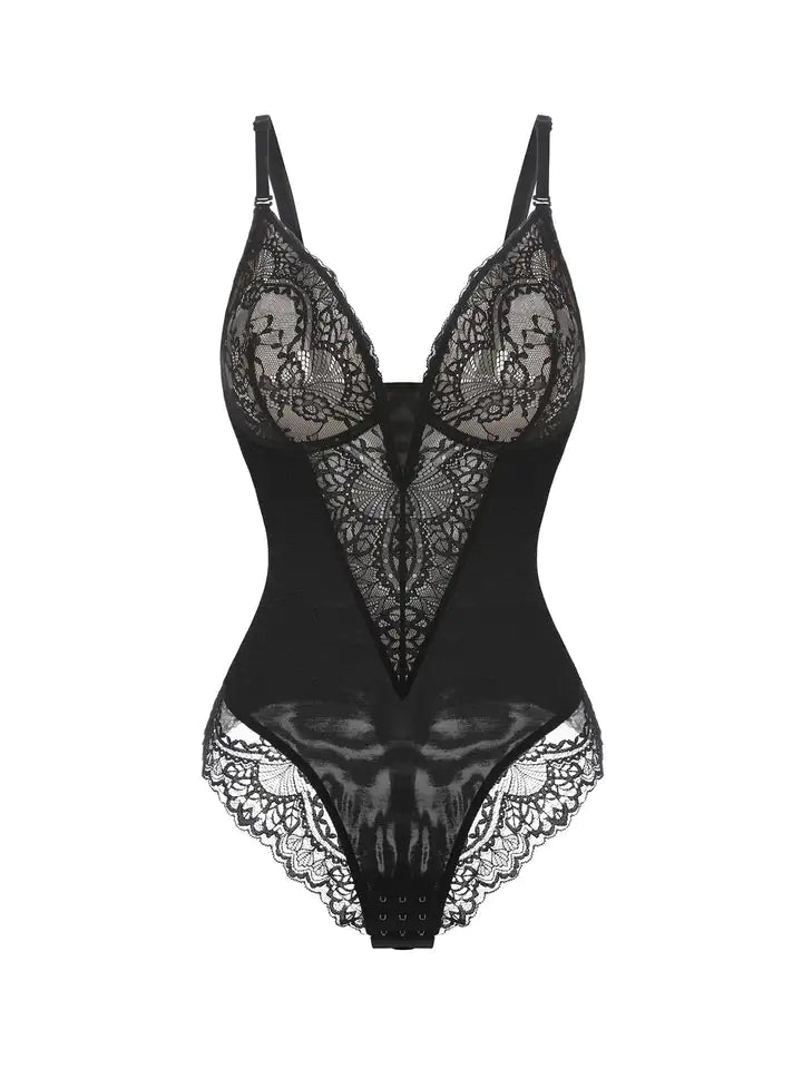 Deep V-Neck Lace Thong Bodysuit