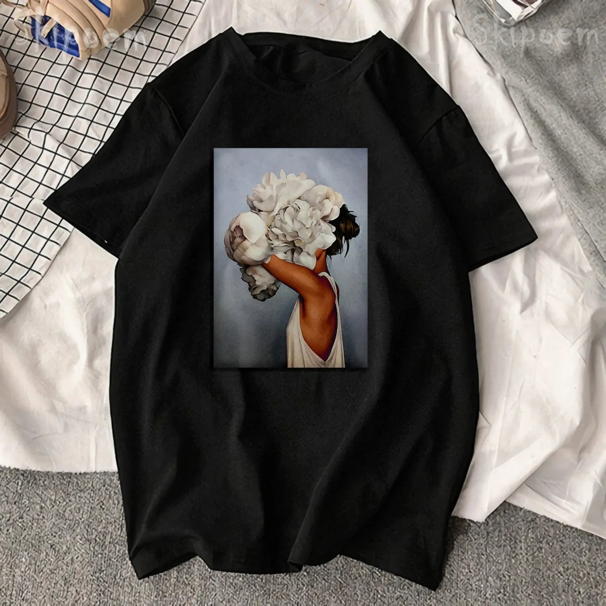 Sexy Flowers Feather Print Short Sleeve Tops