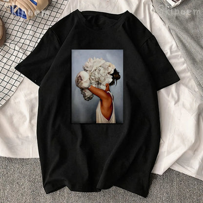 Sexy Flowers Feather Print Short Sleeve Tops