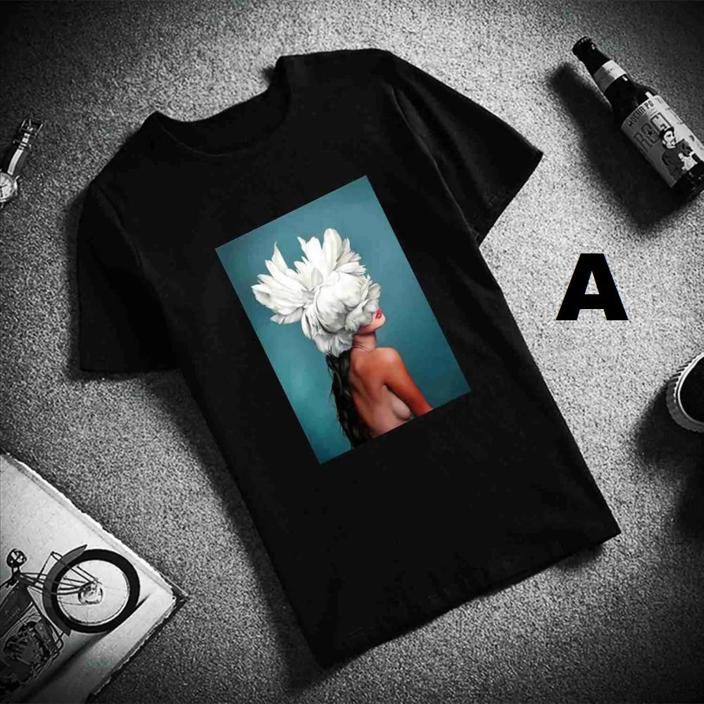 Sexy Flowers Feather Print Short Sleeve Tops