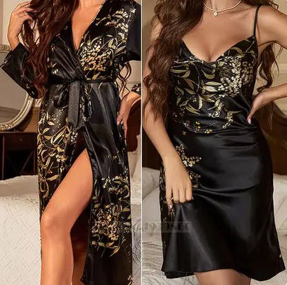 Cherry Print Satin Nightgown &amp; Robe Set