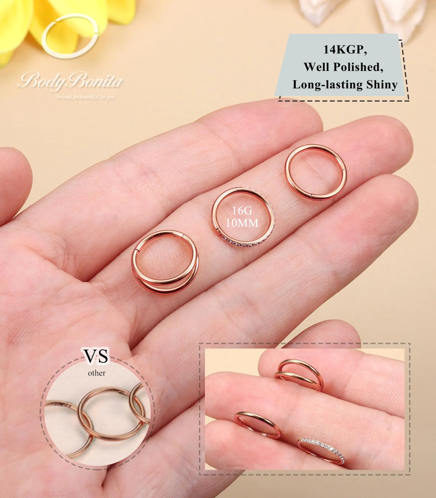 BodyBonita 3pcs Nose Rings Hoops - 316L Surgical Steel Double Hoop Nose Rings 16G/18G/20G Hinged CZ Conch Piercing Jewelry Septum Clicker Lip Rings Cartilage Earring Helix Rook Tragus Daith 7mm/8mm/9mm/10mm Rose Gold 16 gauge(1.2mm)-10mm