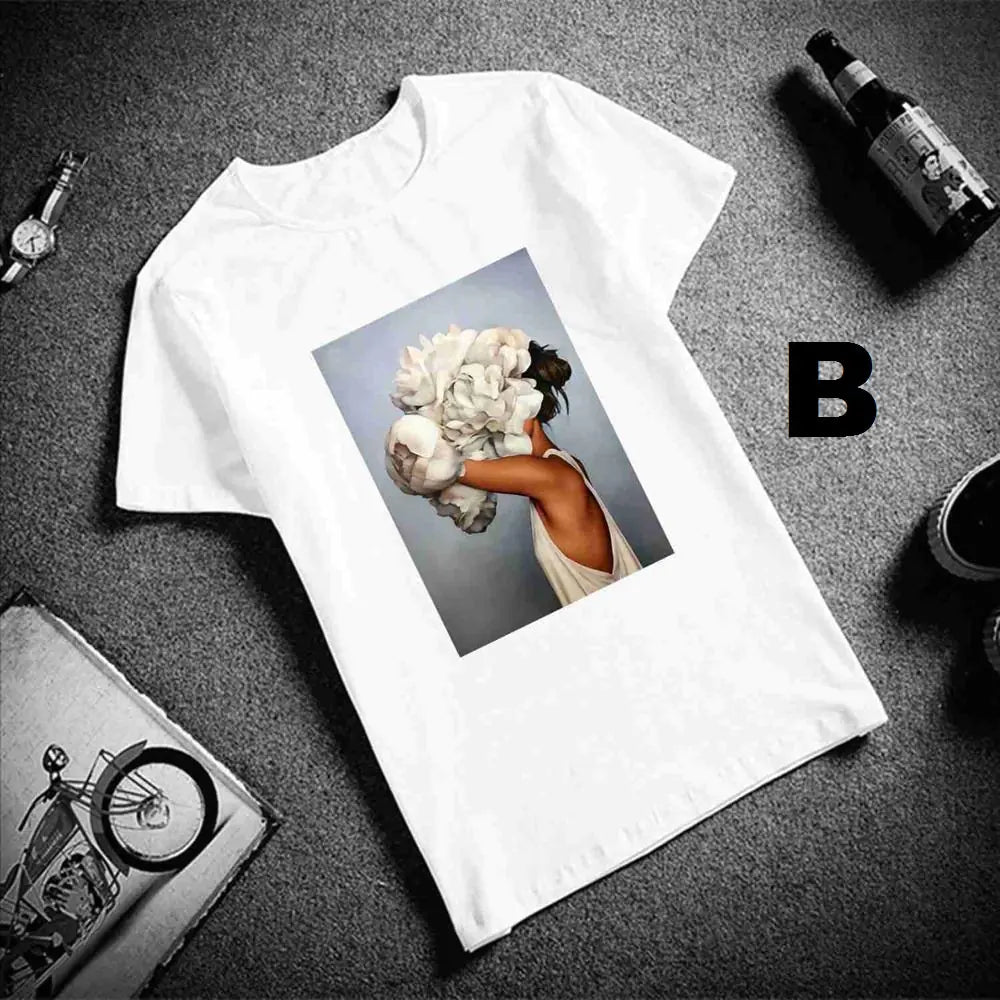 Sexy Flowers Feather Print Short Sleeve Tops