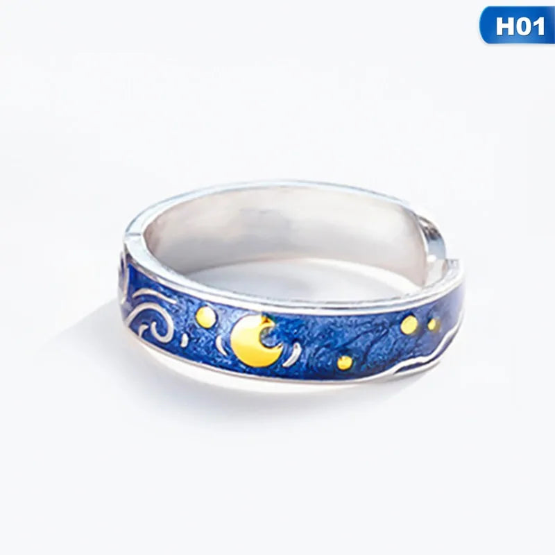Adjustable Van Gogh Starry Night Couple Rings: Silver with Blue Stars - Valentine&