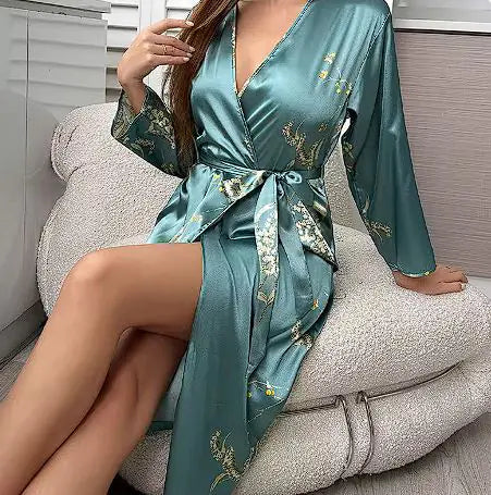 Cherry Print Satin Nightgown &amp; Robe Set