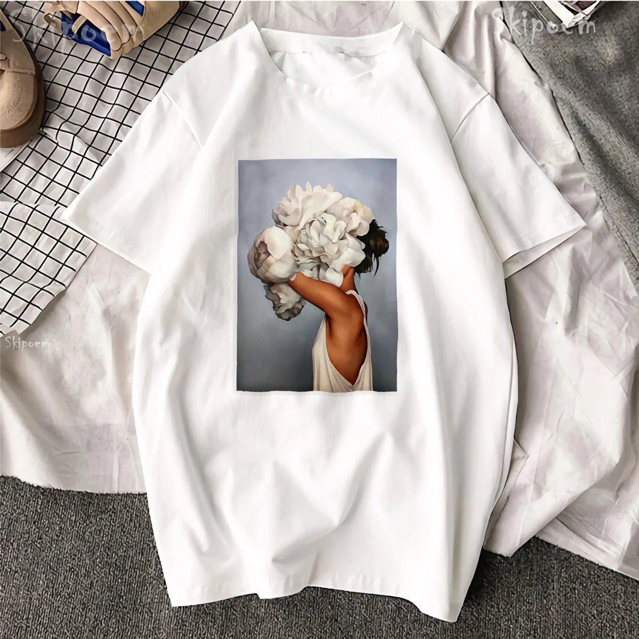 Sexy Flowers Feather Print Short Sleeve Tops