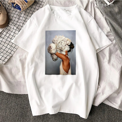 Sexy Flowers Feather Print Short Sleeve Tops