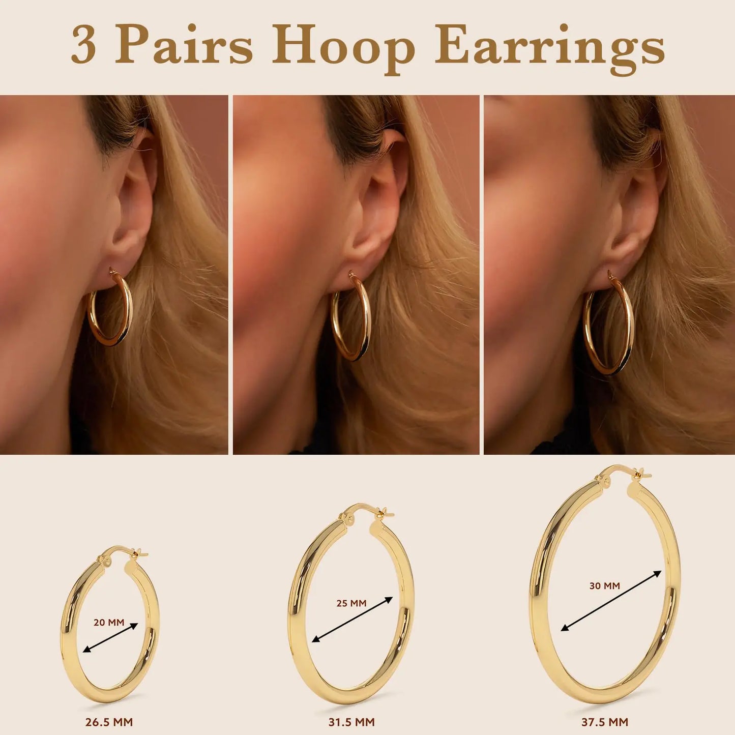 Gold Hoop Earrings Set for Women, 14K Small Huggie Earrings for Multiple Piercing Hypoallergenic Trendy Jewelry, Dainty Ball Cartilage Earrings for Women's Gifts 3mm Gold 26.5/31.5/37.5