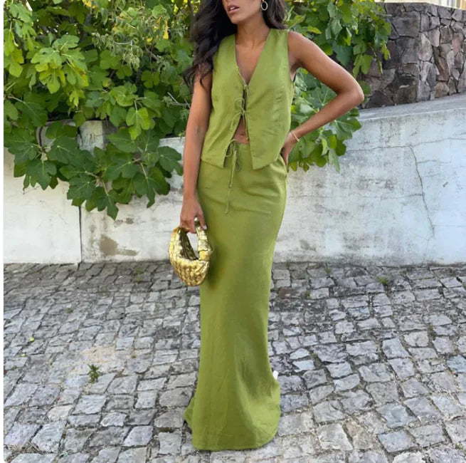 Sleeveless Lace-Up Vest &amp; Skirt Women&