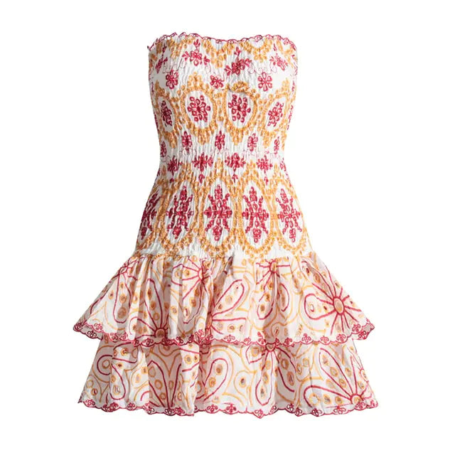 Strapless Embroidery Print Dress