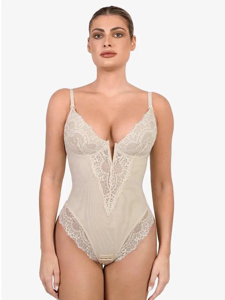 Deep V-Neck Lace Thong Bodysuit