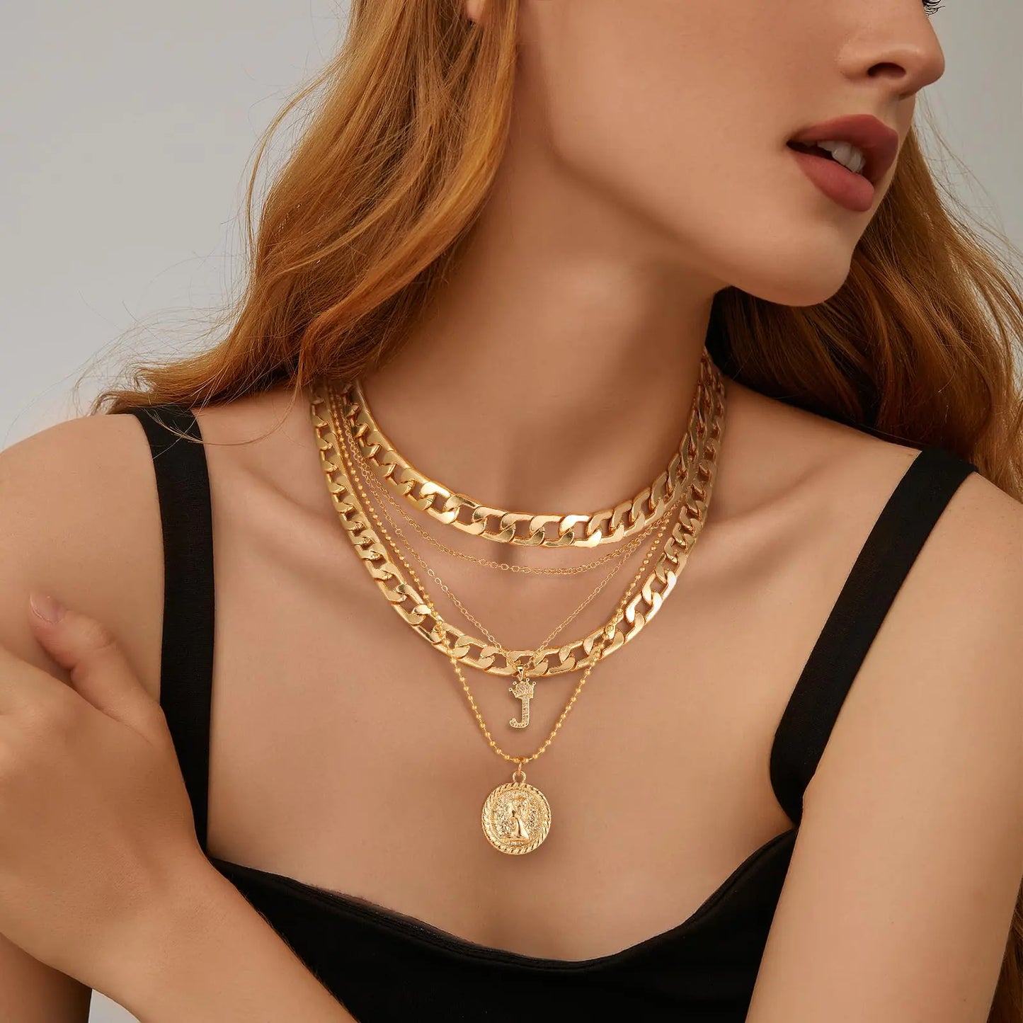 MJartoria Gold Layered Necklaces for Women Trendy Retro Coin Pendant Necklace Dainty Chunky Chain Choker Necklaces for Jewelry Birthday Gifts Crown+Letter J-3PCS