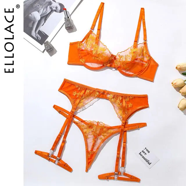 Ellolace Orange Lace Embroidery Lingerie Set - Sexy Transparent 3-Piece Mesh Bra and G String