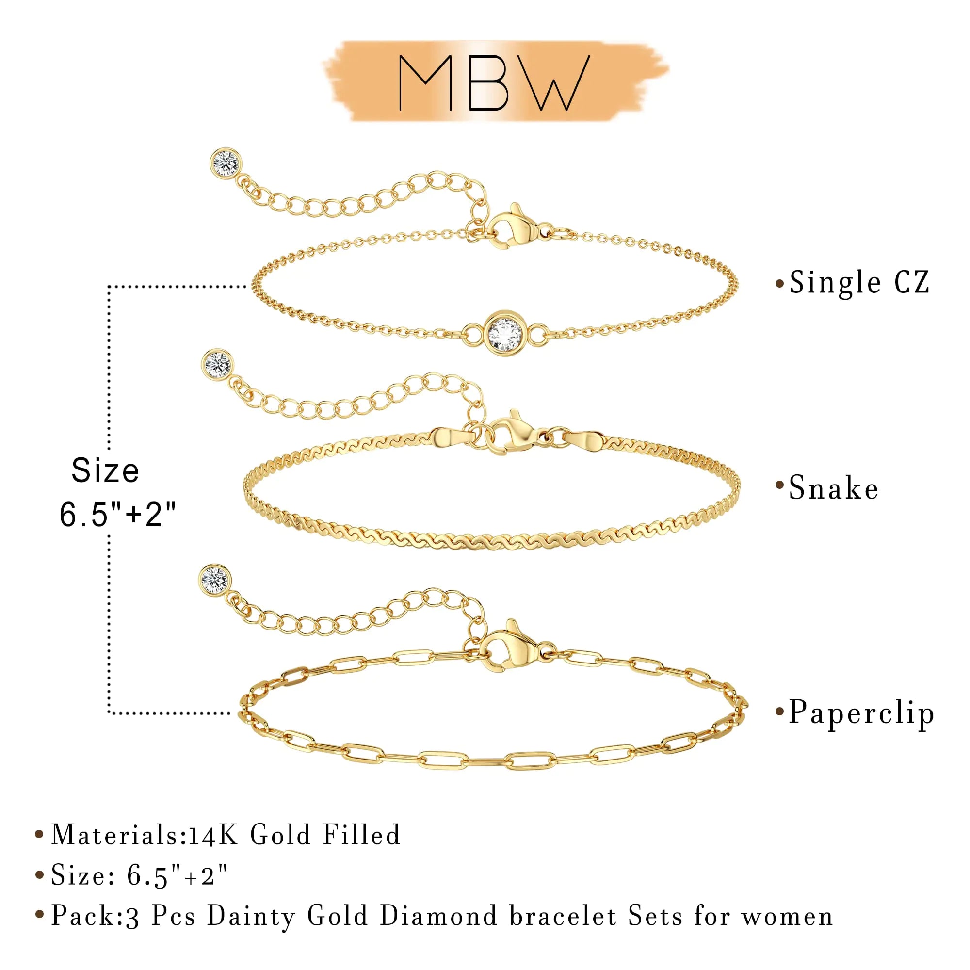 MBW Gold Bracelets for Women, 14K Dainty Gold Plated Stackable Bracelets for Women Trendy Gold Bracelet Stack Set Waterproof Chain Bracelets Paperclip Adjustable Tennis Minimalist Tiny Cute Jewelry style5