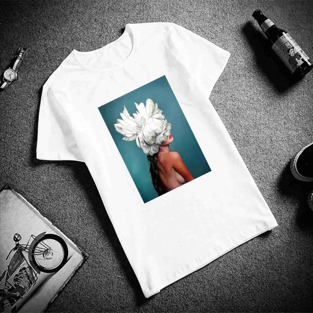 Sexy Flowers Feather Print Short Sleeve Tops