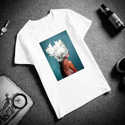 Sexy Flowers Feather Print Short Sleeve Tops