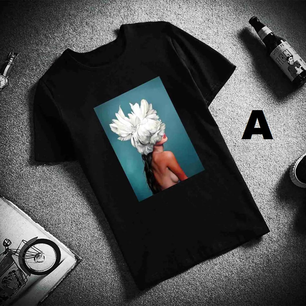 Sexy Flowers Feather Print Short Sleeve Tops