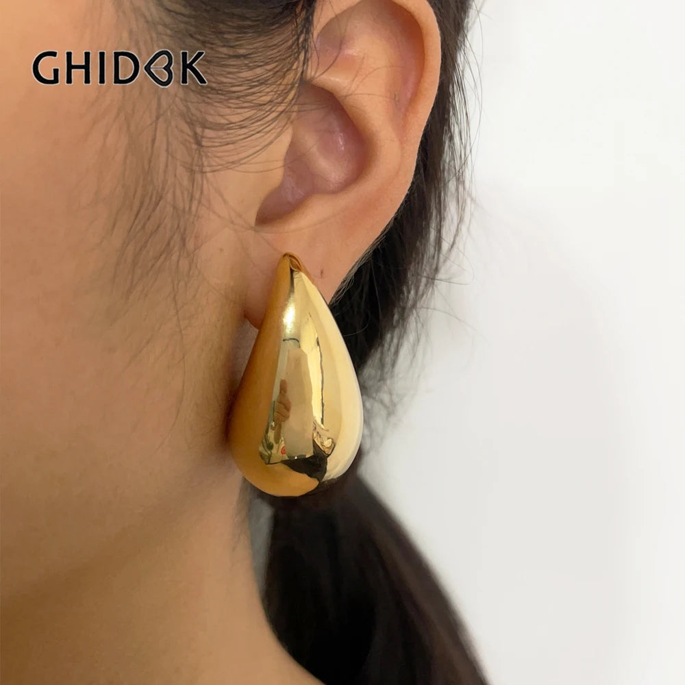 GHIDBK 43mm Extra Large 18K Gold Plated Chunky Dome Teardrop Earrings