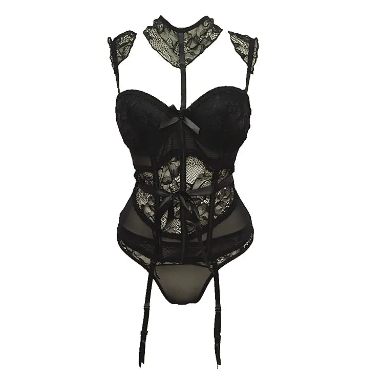 Lace Corset Bodysuit with Bow and Underwire Bra Set