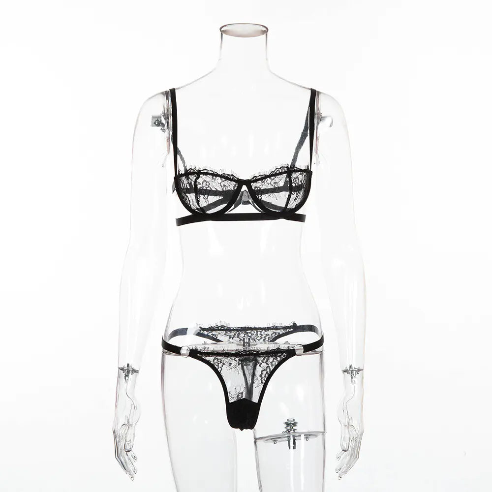 Lace and Mesh Lingerie Set with Steel Ring Bra
