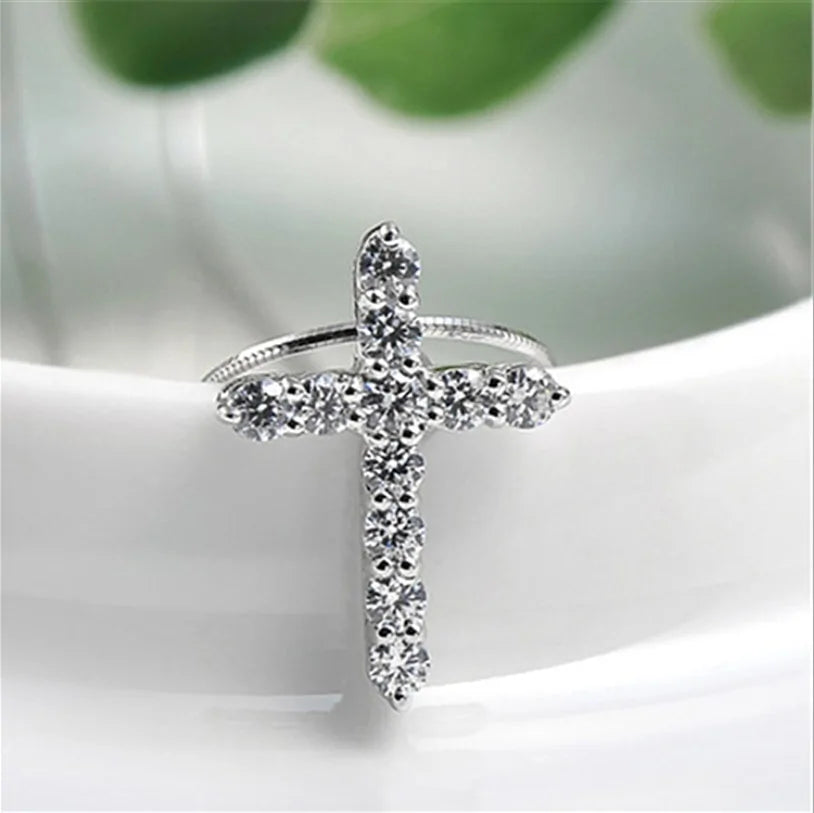 Crystal Cross Pendant Silver Chain Necklace - Fashionable Women&