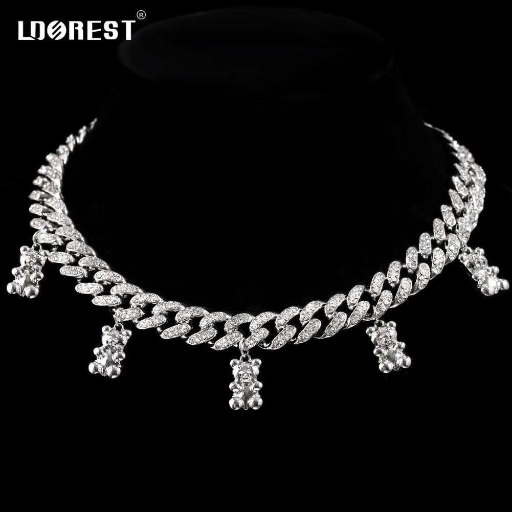 Men Women 13MM Miami Curb Cuban Link Necklace Iced Out Crystal Rhinestones Cuban Link Chain Choker Bear Necklaces Trendy Jewelry