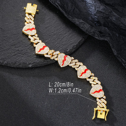 Hip Hop Broken Love Heart Rhombus Cuban Chain Bracelet Men Women 12mm Iced Out Alloy Inlaid Rhinestone Necklaces Fashion Jewelry