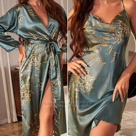 Cherry Print Satin Nightgown &amp; Robe Set