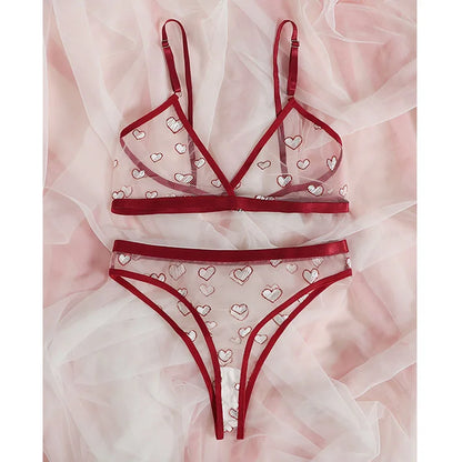 Sexy Bra Set Heart Print Lingerie Set Ring Linked Erotic Lingerie 2 Pcs Women&
