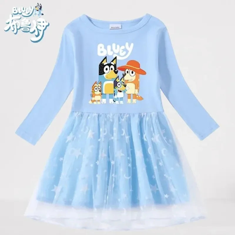 Animation Peripheral Long Sleeved Princess Dress Cute Star Long Sleeved Dress Bluey Pure Cotton Children'S Clothing Girl Gift