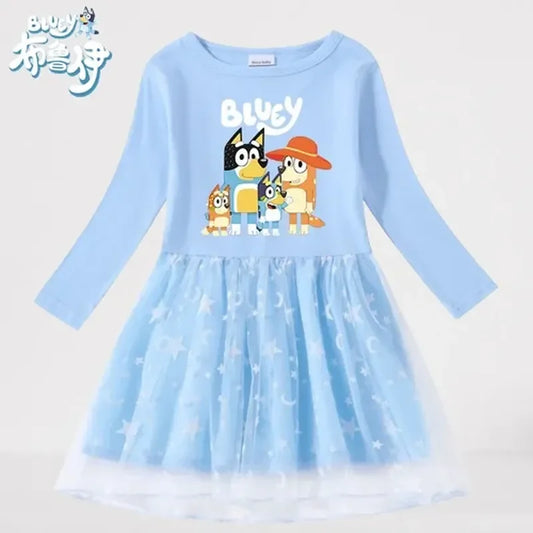 Animation Peripheral Long Sleeved Princess Dress Cute Star Long Sleeved Dress Bluey Pure Cotton Children'S Clothing Girl Gift