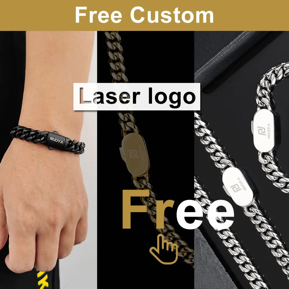 Hip Hop Stainless Steel Cuban Link Chain Necklace For Men Women Cuban Bracelet Jewelry Custom Logo On Front Back