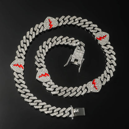 Hip Hop Broken Love Heart Rhombus Cuban Chain Bracelet Men Women 12mm Iced Out Alloy Inlaid Rhinestone Necklaces Fashion Jewelry