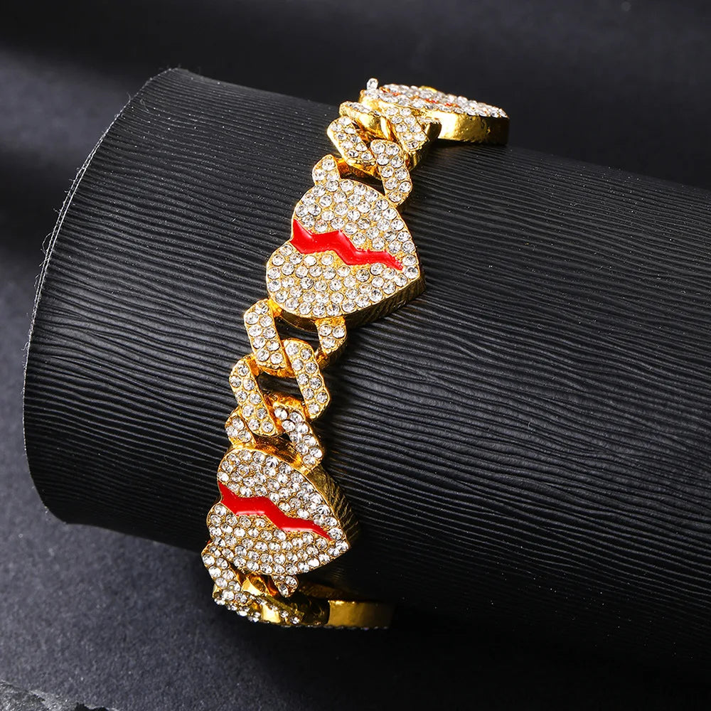 Hip Hop Broken Love Heart Rhombus Cuban Chain Bracelet Men Women 12mm Iced Out Alloy Inlaid Rhinestone Necklaces Fashion Jewelry