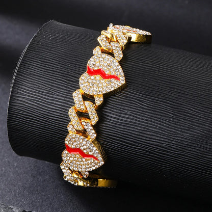 Hip Hop Broken Love Heart Rhombus Cuban Chain Bracelet Men Women 12mm Iced Out Alloy Inlaid Rhinestone Necklaces Fashion Jewelry