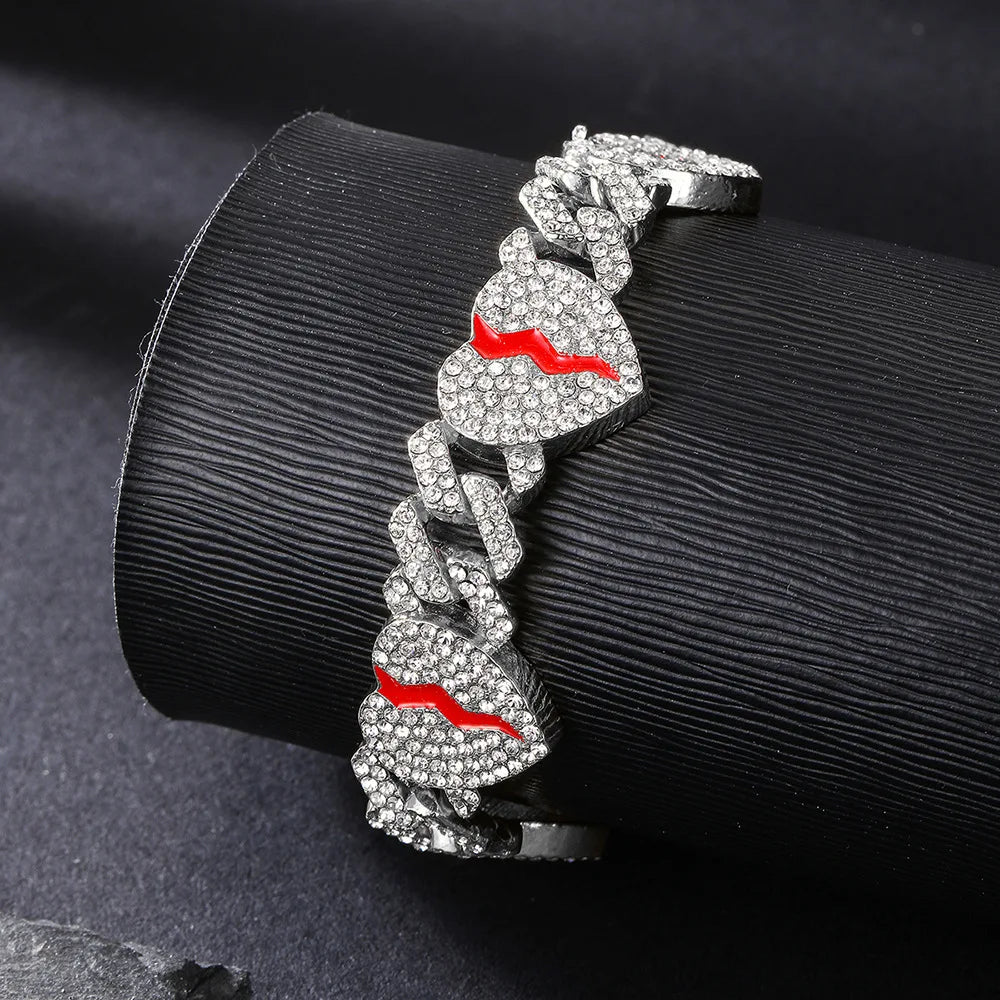 Hip Hop Broken Love Heart Rhombus Cuban Chain Bracelet Men Women 12mm Iced Out Alloy Inlaid Rhinestone Necklaces Fashion Jewelry