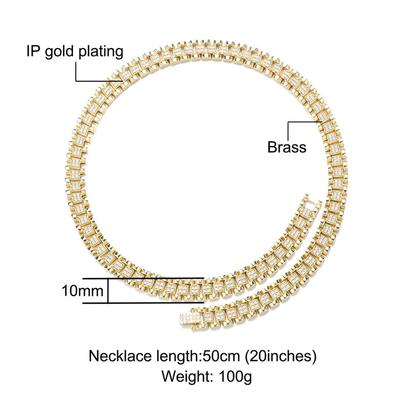 D&amp;Z New 10mm Iced Out Watch Band Cuban Link Chain Necklace Brass Material Iced Out Bling AAA CZ Stones For Men Women Jewelry