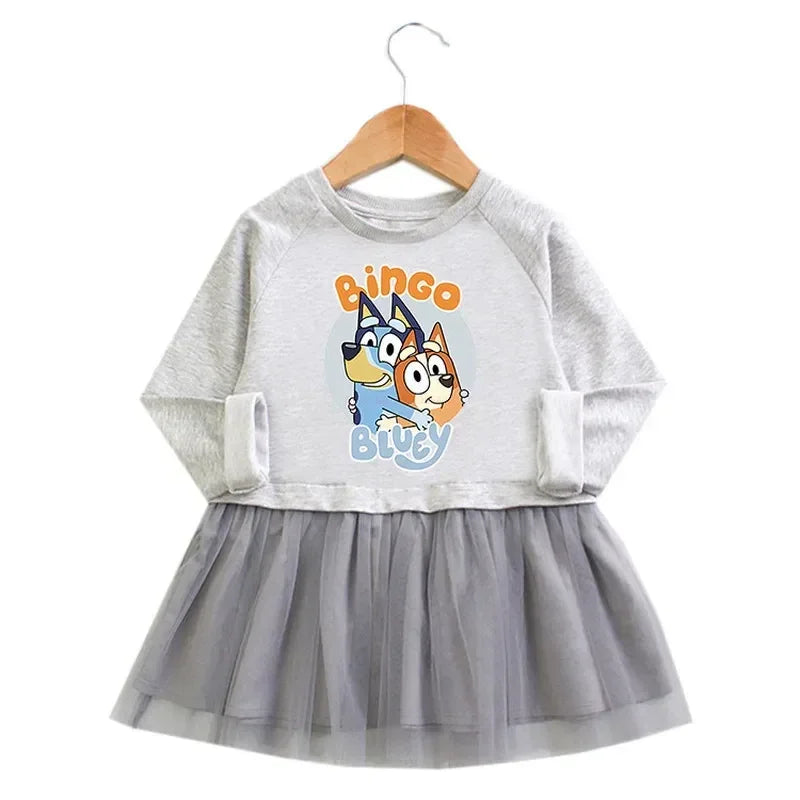 Moose Bluey Family Anime Spring Autumn Girls Dress Cute Bingo Dog Pink Long Sleeve Mesh Skirt Girls Princess Dress Birthday Gift