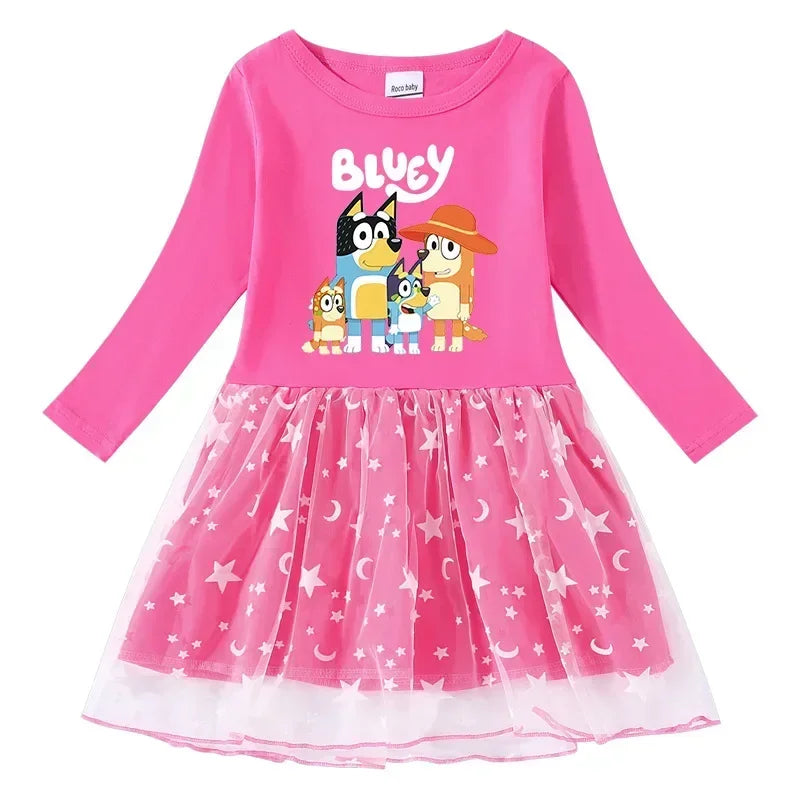 Animation Peripheral Long Sleeved Princess Dress Cute Star Long Sleeved Dress Bluey Pure Cotton Children'S Clothing Girl Gift