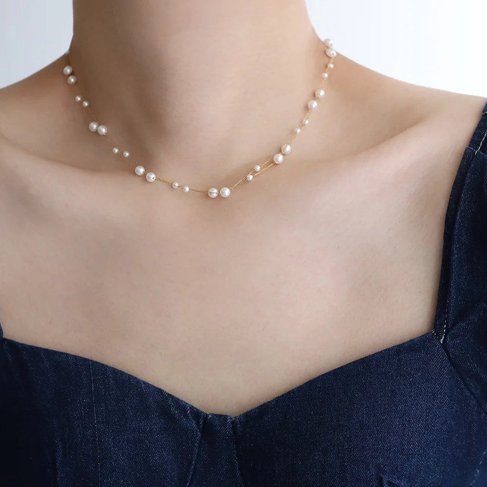 316l Stainless Steel Beautifully Temperament Pearl Chain Necklace for Women Waterproof Metal Collar Jewelry Bijoux Gift