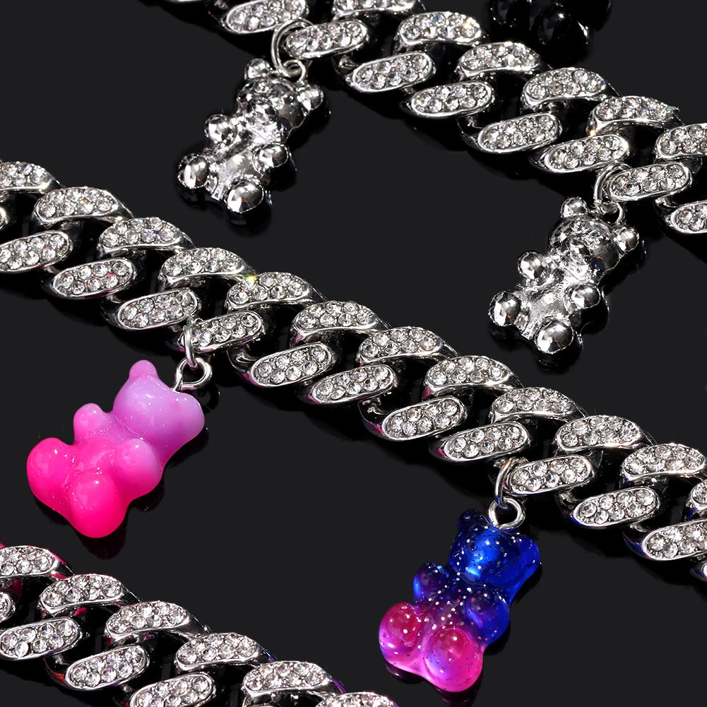 Men Women 13MM Miami Curb Cuban Link Necklace Iced Out Crystal Rhinestones Cuban Link Chain Choker Bear Necklaces Trendy Jewelry