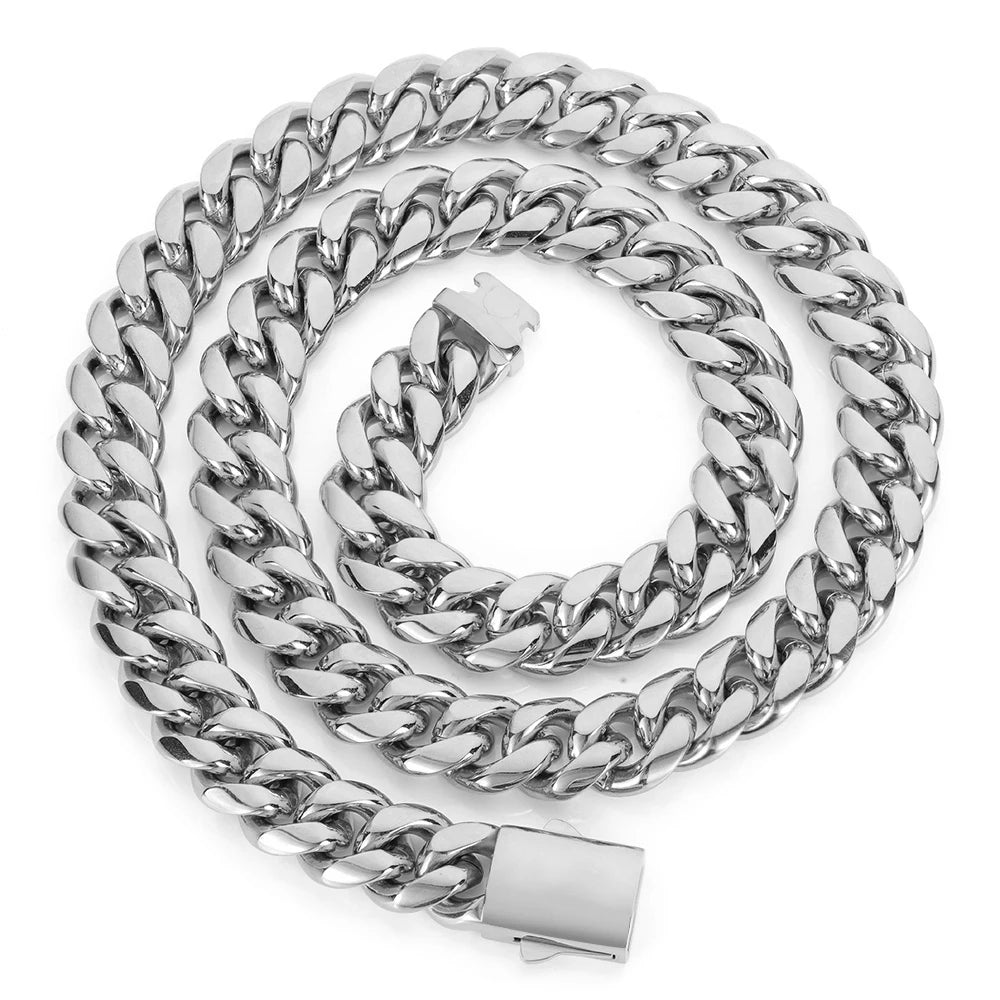 Hip Hop Stainless Steel Cuban Link Chain Necklace For Men Women Cuban Bracelet Jewelry Custom Logo On Front Back