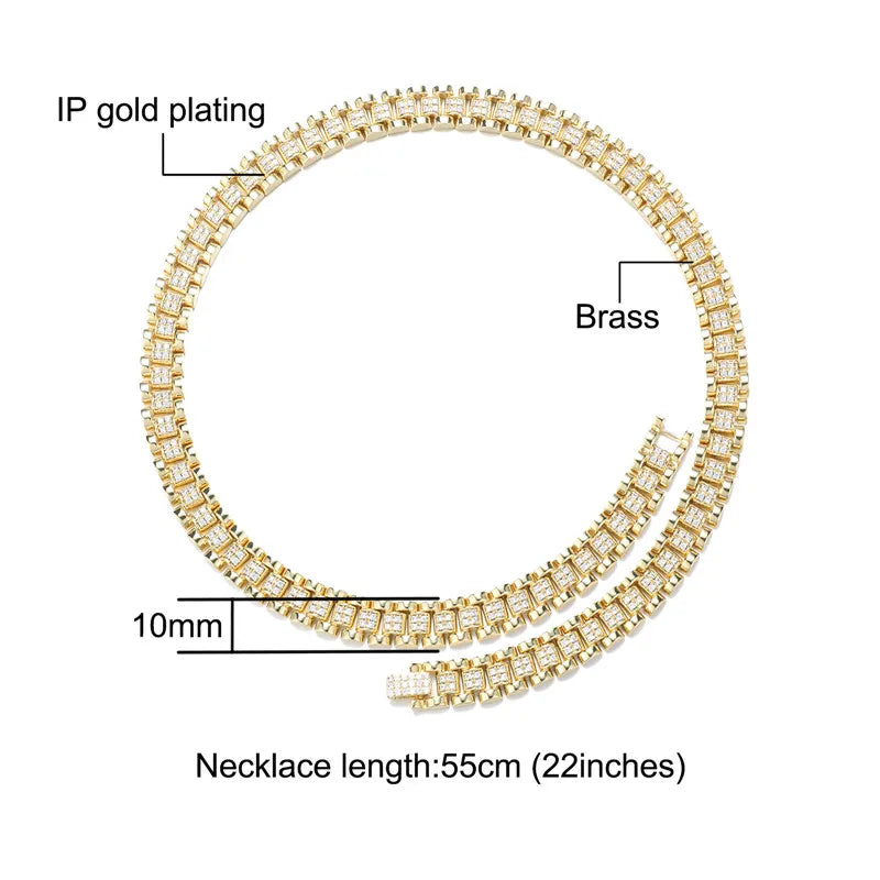 D&amp;Z New 10mm Iced Out Watch Band Cuban Link Chain Necklace Brass Material Iced Out Bling AAA CZ Stones For Men Women Jewelry