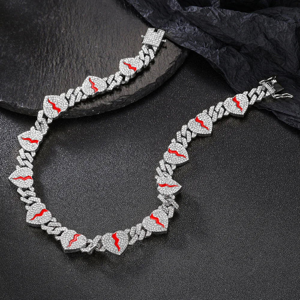 Hip Hop Broken Love Heart Rhombus Cuban Chain Bracelet Men Women 12mm Iced Out Alloy Inlaid Rhinestone Necklaces Fashion Jewelry