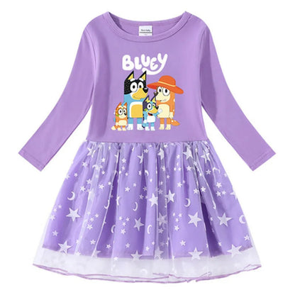 Animation Peripheral Long Sleeved Princess Dress Cute Star Long Sleeved Dress Bluey Pure Cotton Children&