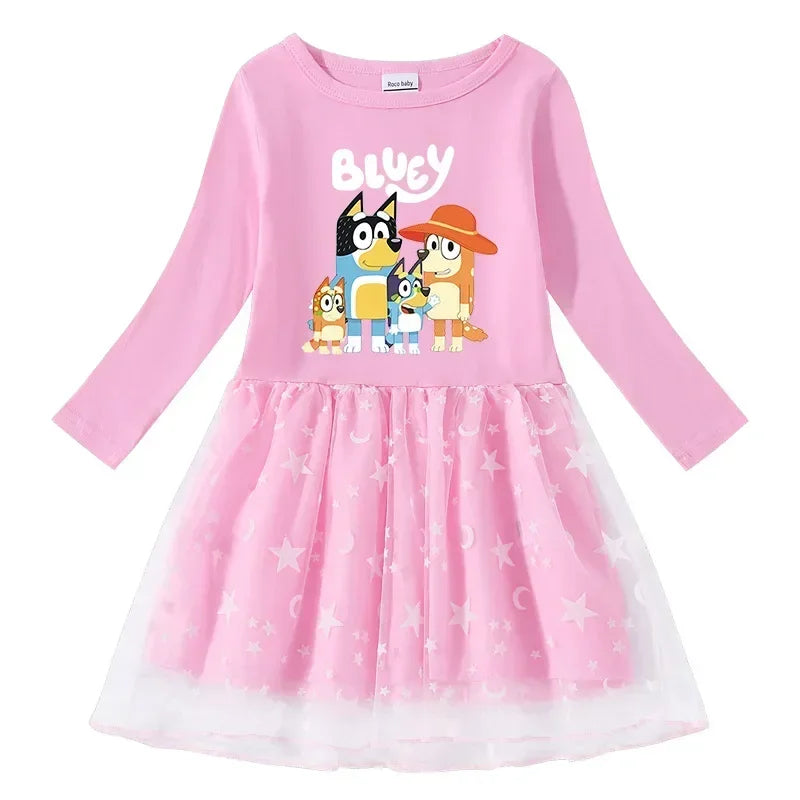 Animation Peripheral Long Sleeved Princess Dress Cute Star Long Sleeved Dress Bluey Pure Cotton Children'S Clothing Girl Gift