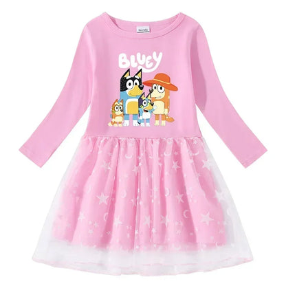 Animation Peripheral Long Sleeved Princess Dress Cute Star Long Sleeved Dress Bluey Pure Cotton Children&