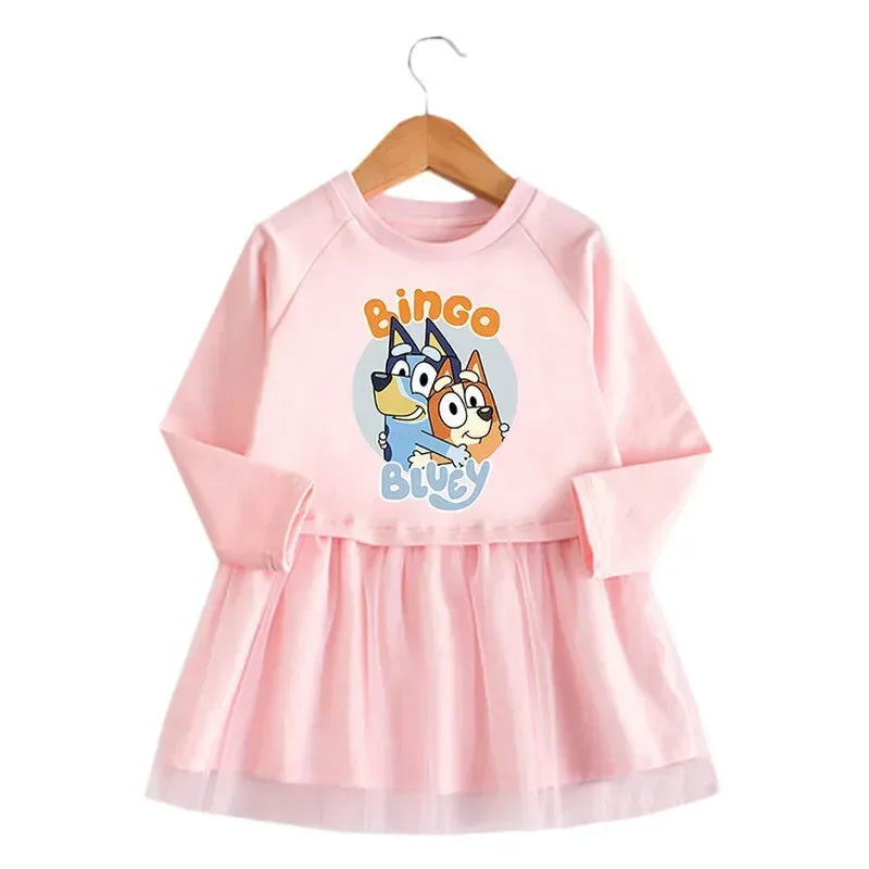 Moose Bluey Family Anime Spring Autumn Girls Dress Cute Bingo Dog Pink Long Sleeve Mesh Skirt Girls Princess Dress Birthday Gift