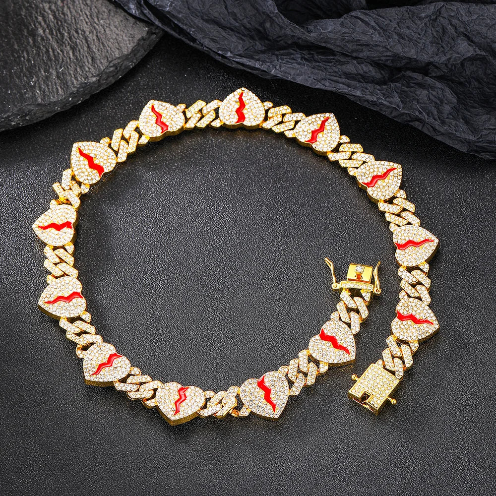 Hip Hop Broken Love Heart Rhombus Cuban Chain Bracelet Men Women 12mm Iced Out Alloy Inlaid Rhinestone Necklaces Fashion Jewelry