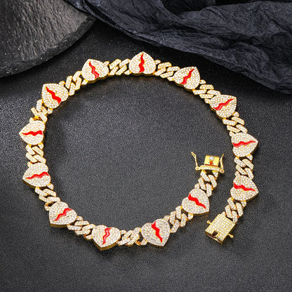Hip Hop Broken Love Heart Rhombus Cuban Chain Bracelet Men Women 12mm Iced Out Alloy Inlaid Rhinestone Necklaces Fashion Jewelry